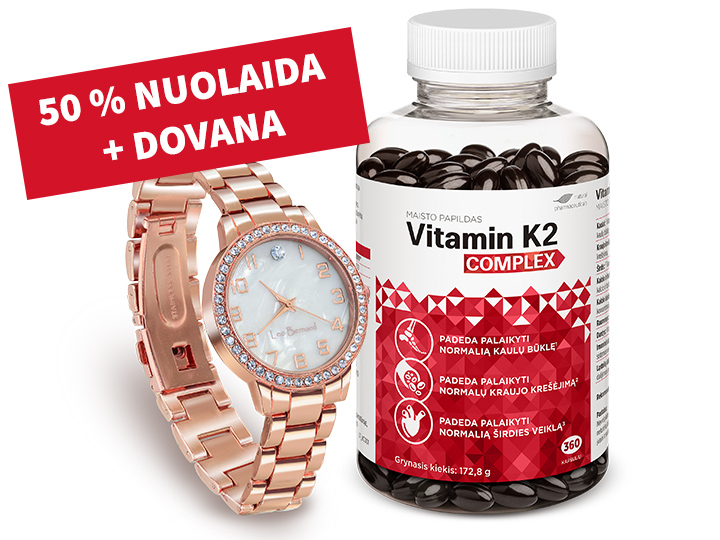 Natural Pharmaceuticals Vitamina K2 Complex Nuotraukoje matomas maisto papildas Vitaminas K2 kompleksas didelėje pakuotėje (360 kapsulių, 172,8 g), šalia kurio yra elegantiškas Leo Bernard rožinio aukso laikrodis. Reklaminis šūkis „50 % NUOLAIDA + DOVANA“ pateikiamas raudoname fone.